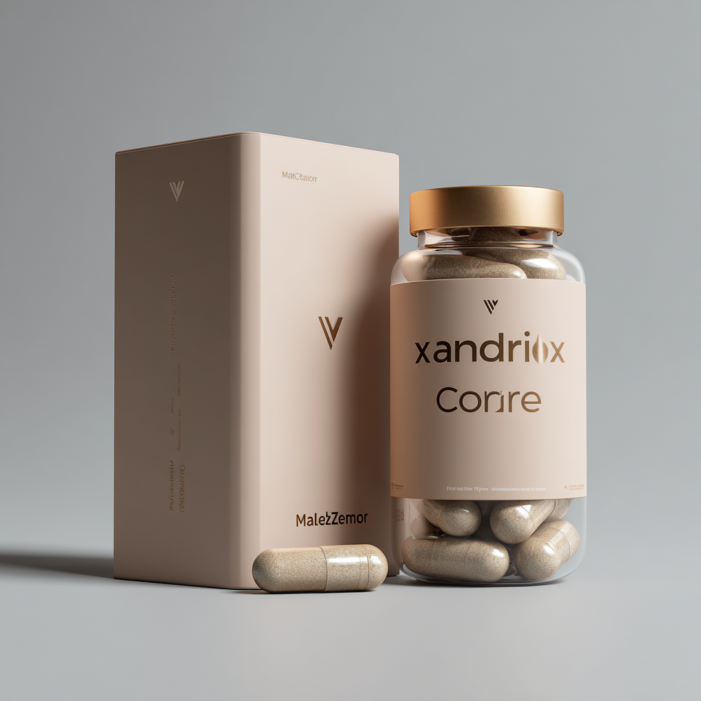 Prompt: Premium supplement bottle with dark green and silver design, professional product photography, masculine packaging, health supplement container